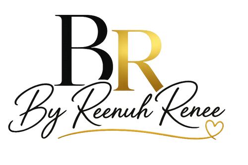 A logo design featuring the initials 'BR' in black and metallic gold, with the script text 'By Reenu Renee' in black below, all on a plain white background.